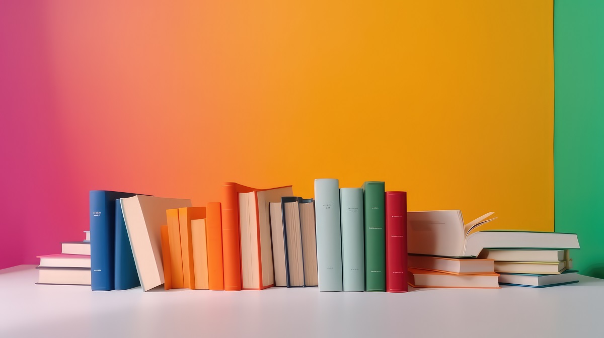 本のイメージ写真　ピンク・オレンジ・緑の背景に、立てたり横になったりとバラバラに置かれたたくさんの本