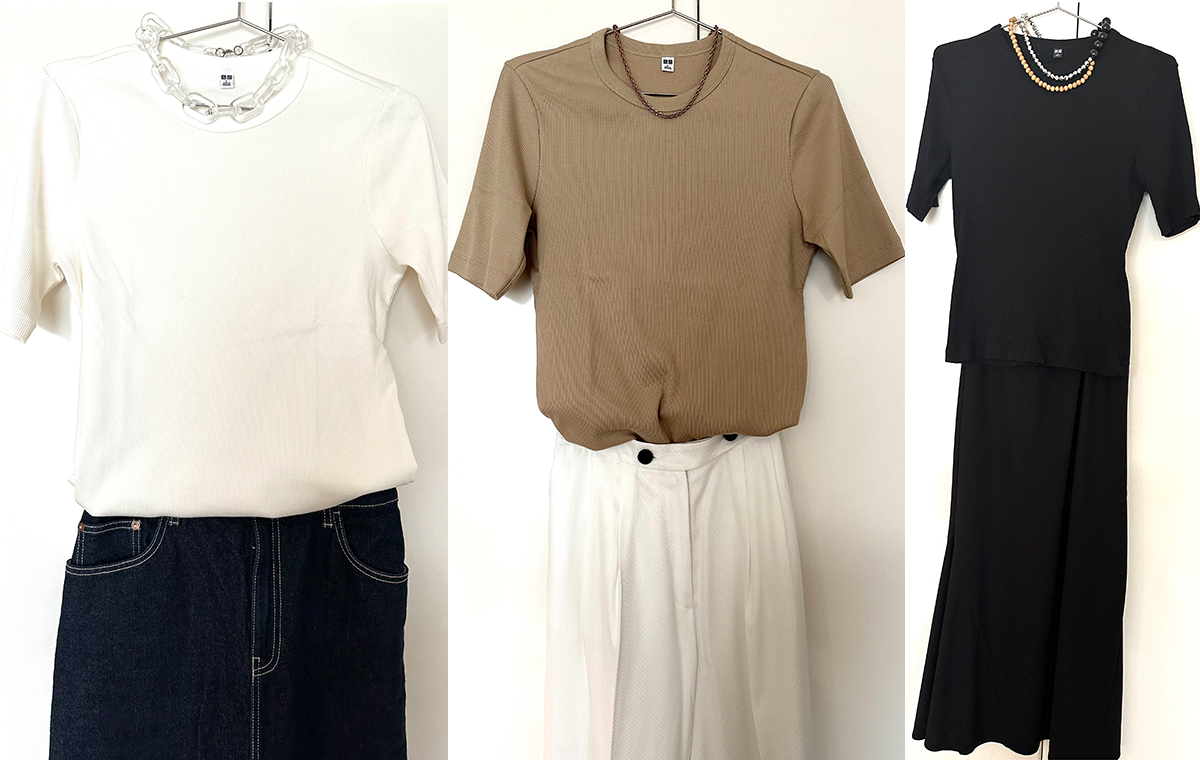 Tシャツとデニムスカート、パンツ、ロングスカート3種のコーデ