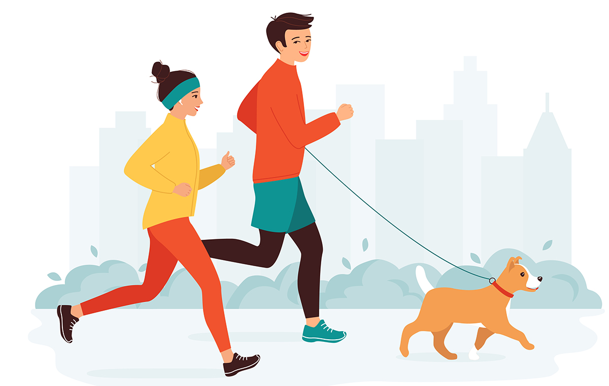 ジョギングをするカップルと犬のイラスト