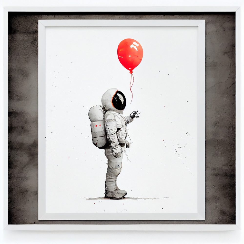 宇宙飛行士が赤い風船に手を伸ばしているイラスト