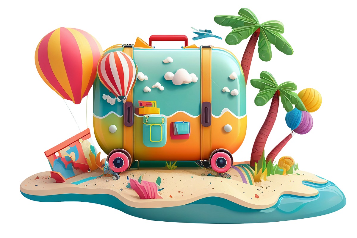 砂浜の上に置かれたカラフルなスーツケースの3Dイラスト