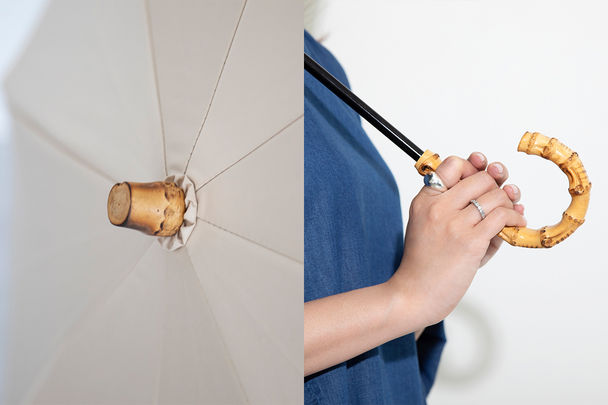 カリエスムのBeauty日傘、竹素材が使われた先端とハンドルのアップ写真