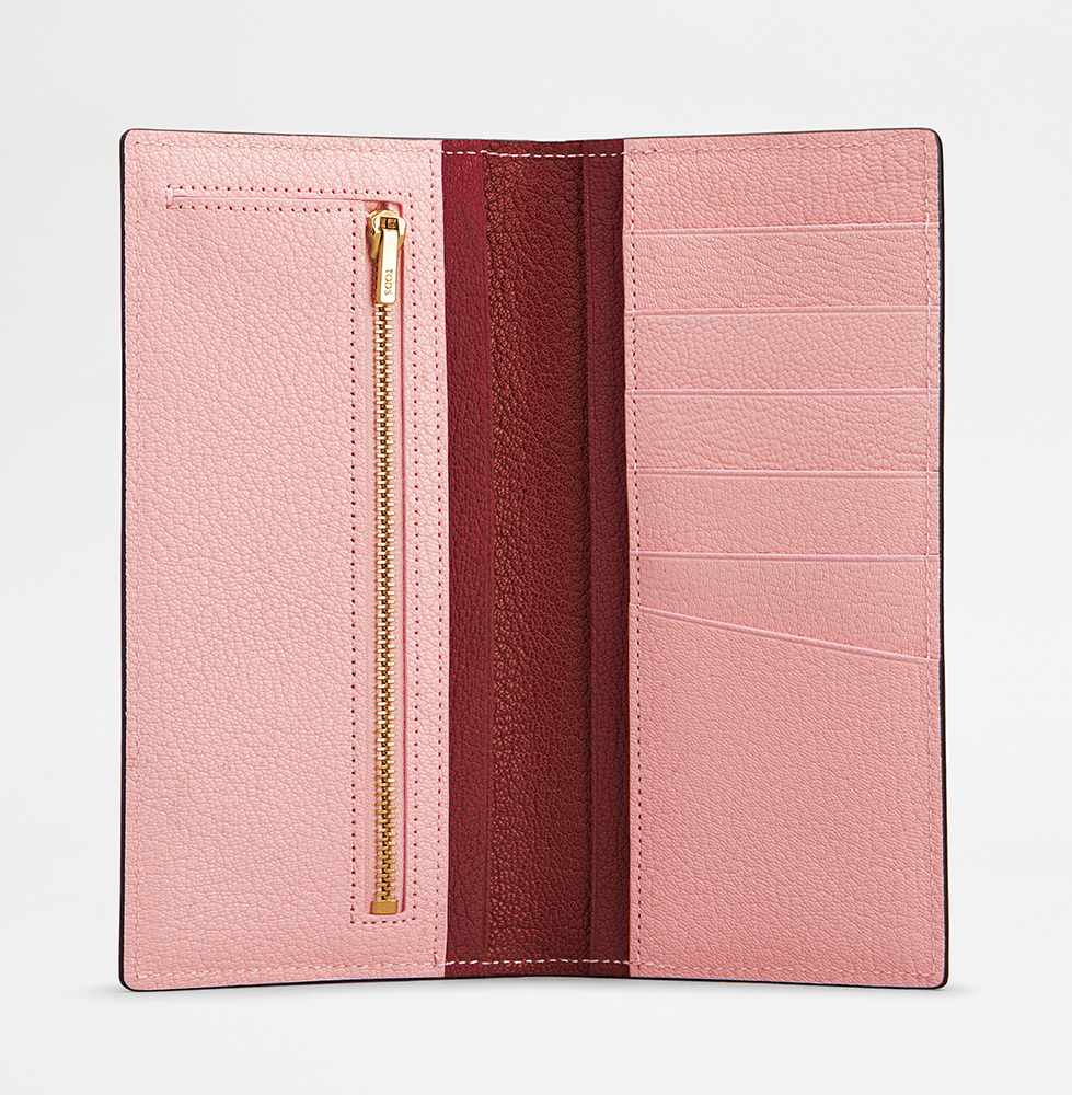 トッズのピンクと赤の長財布正面写真、開いた写真