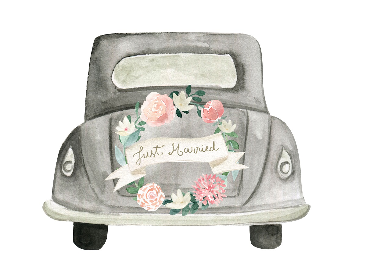 「Just Married」と書かれた花のリースと黒い車の水彩画イラスト