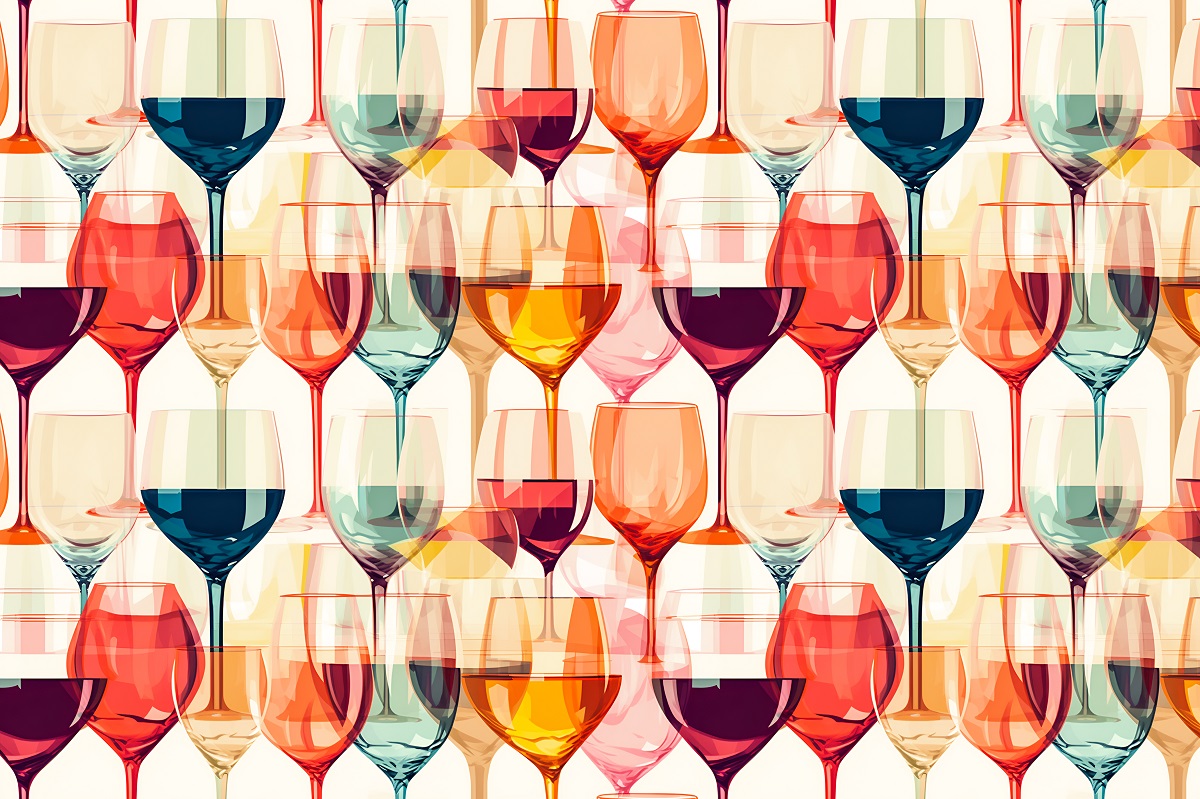 カラフルなワイングラスが一面に並んだイラスト