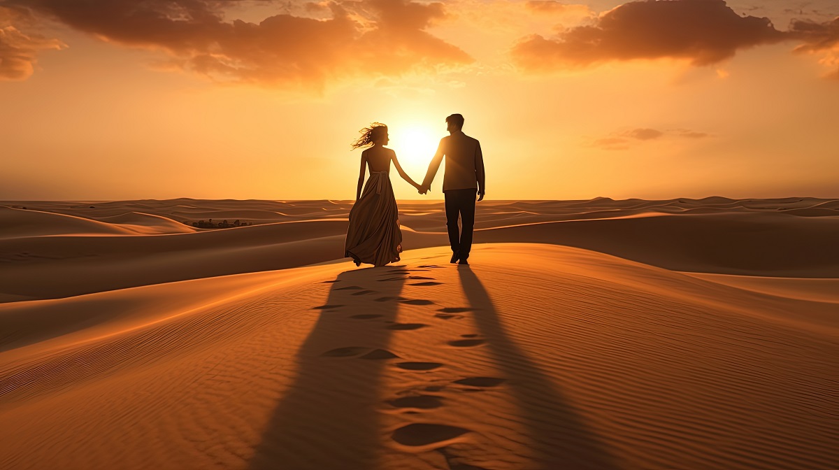 手を繋いで砂漠を歩いている二人のイラスト