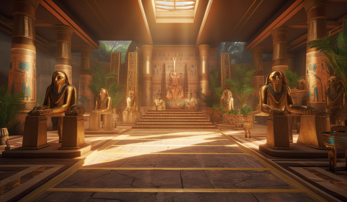 植物や石像が並ぶエジプトの神殿内部のイメージ