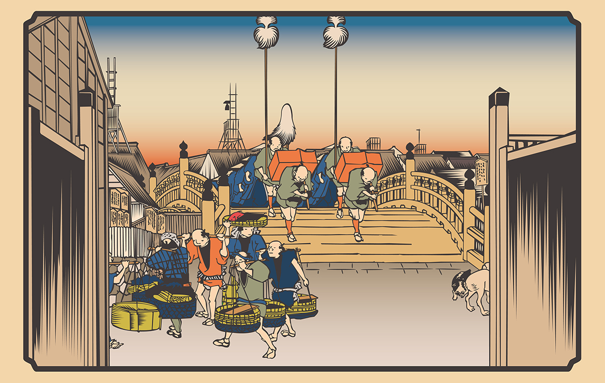 江戸時代の商人たち 浮世絵風 イラスト