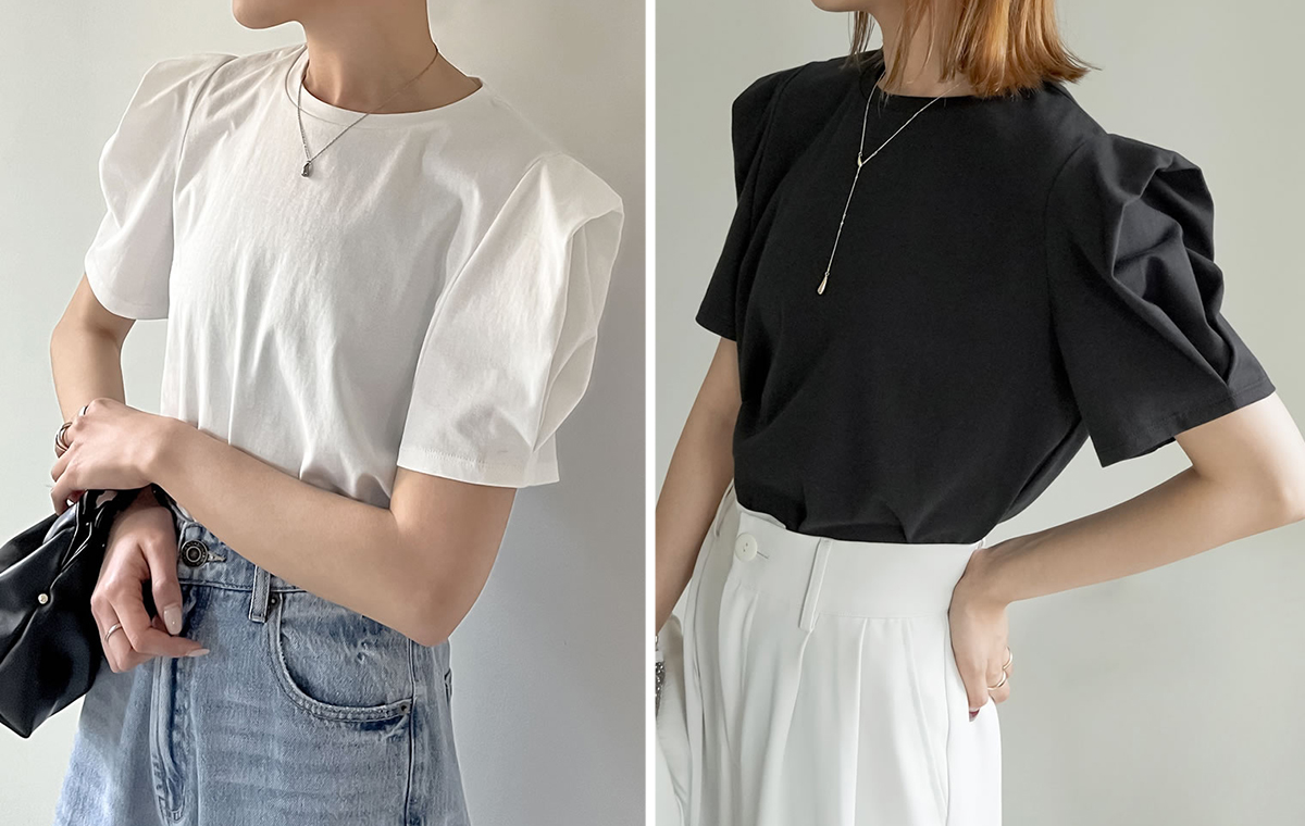 左側パワショルデザインカットソーTシャツ（白）、左側パワショルデザインカットソーTシャツ（黒）