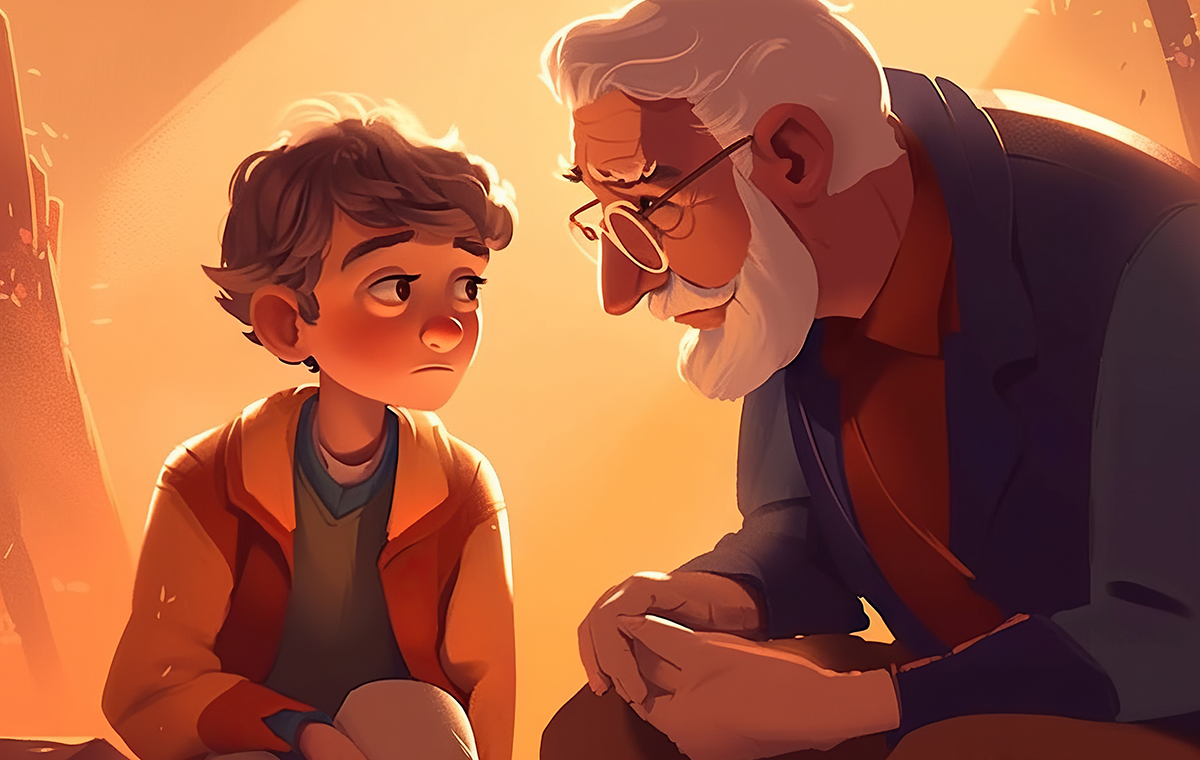 おじいさんが優しく少年に語りかける様子のイラスト