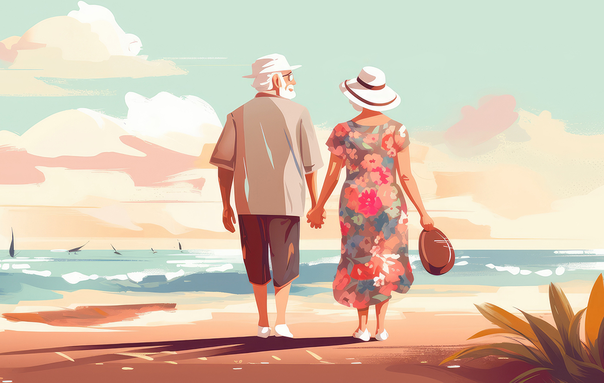 海辺を歩く老夫婦 イラスト