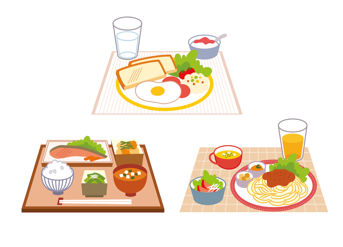 洋風の朝ごはん、和風の朝ごはん、パスタのイラスト