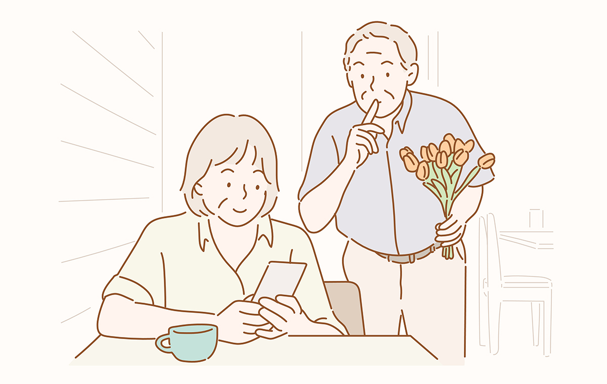 夫が妻にこっそり花束をプレゼントしようとしている様子のイラスト