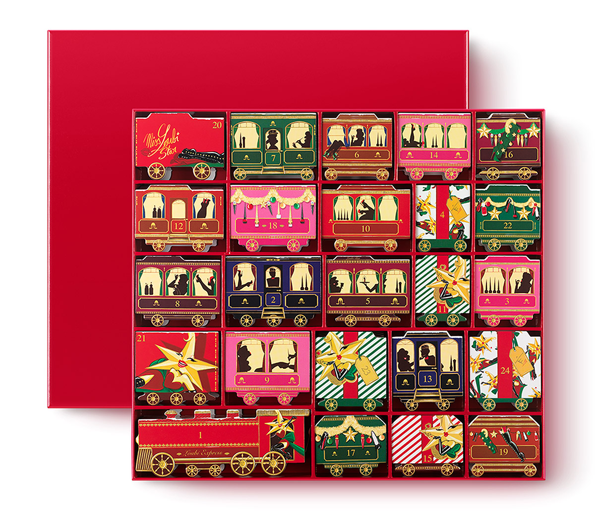 機関車の車両が描かれたアドベントカレンダーのボックスの写真