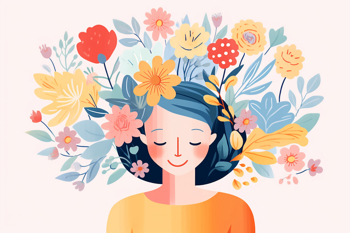 顔の周りを花に囲まれている人のイラスト