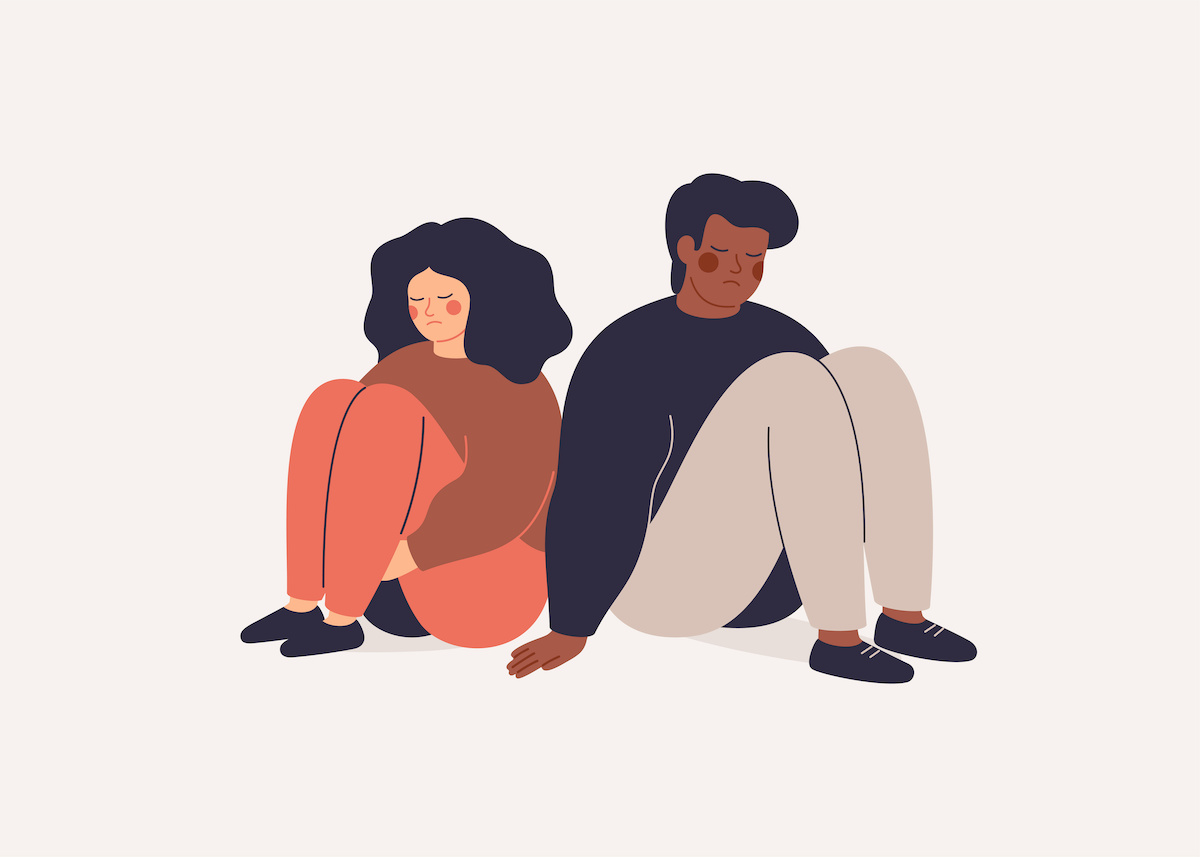 背中を向け合いうつむいて地面に座る2人のイラスト