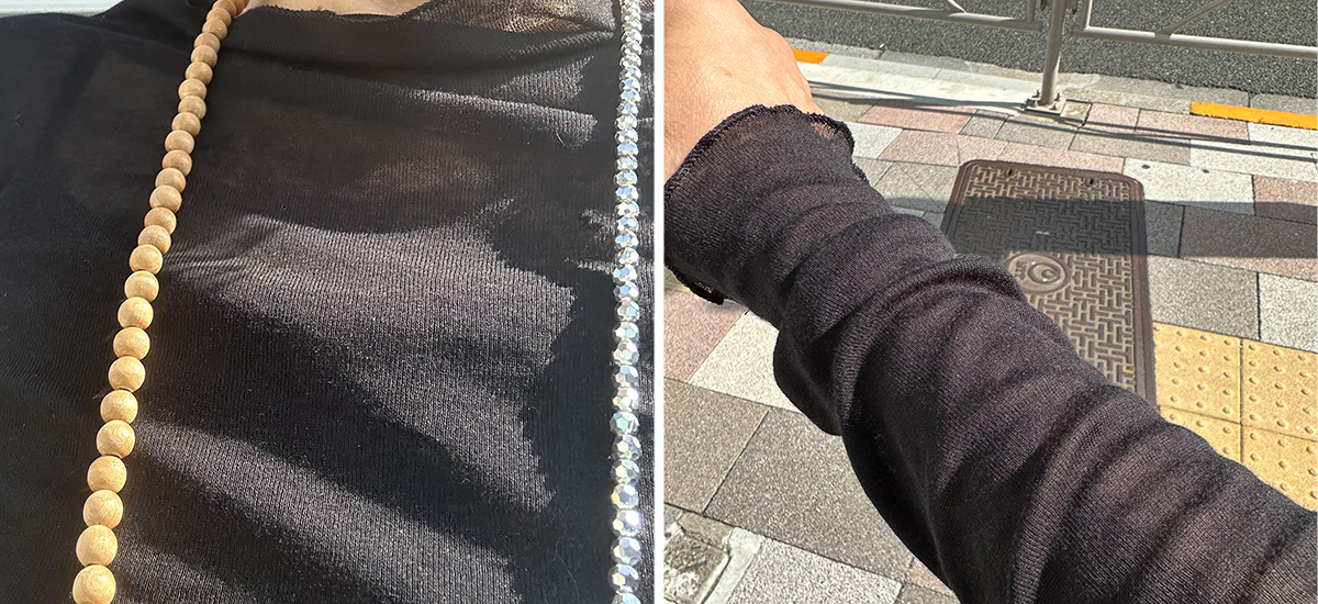 クレープ コットン Ｔシャツを着た程よいシアー感の胸元と袖部分