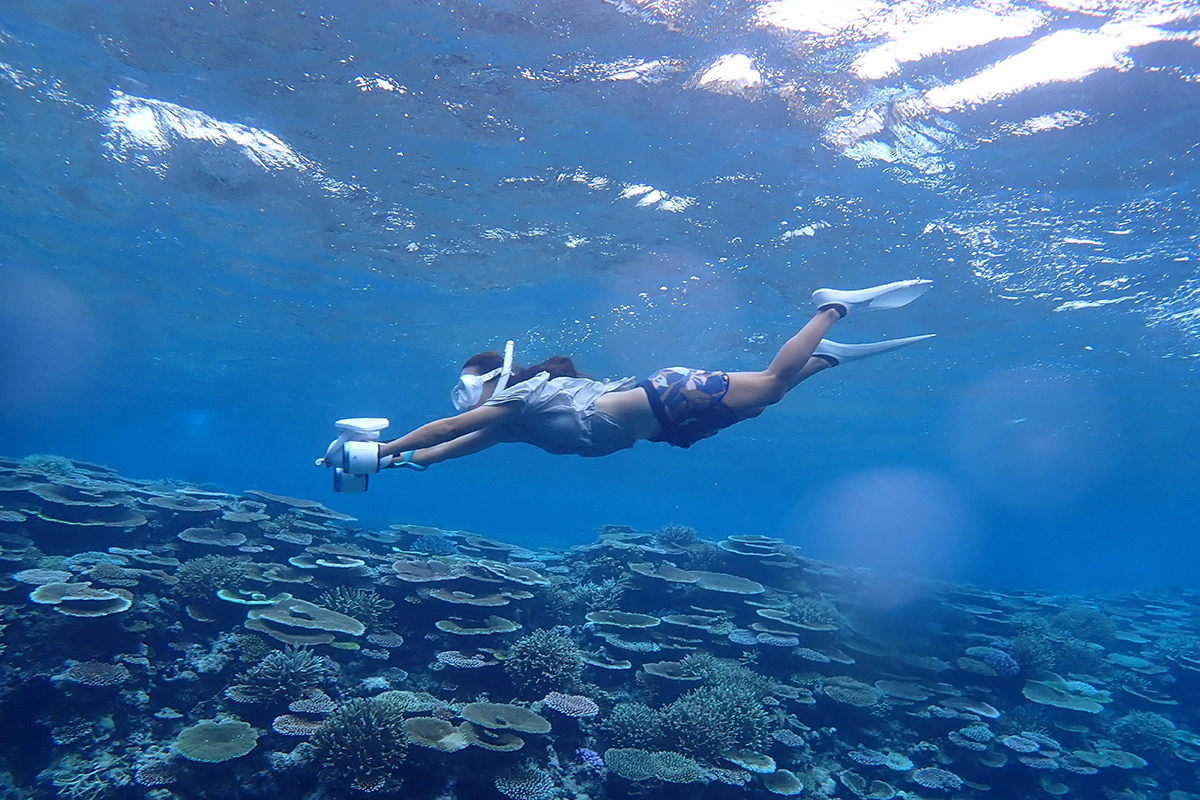 水中スクーターを持って海中の珊瑚の上を泳ぐ人の写真