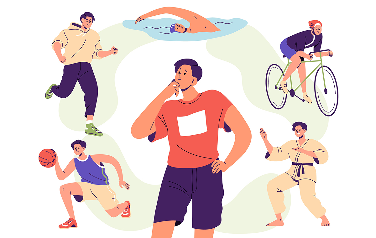 どのスポーツに挑戦するか考えている男性 イラスト