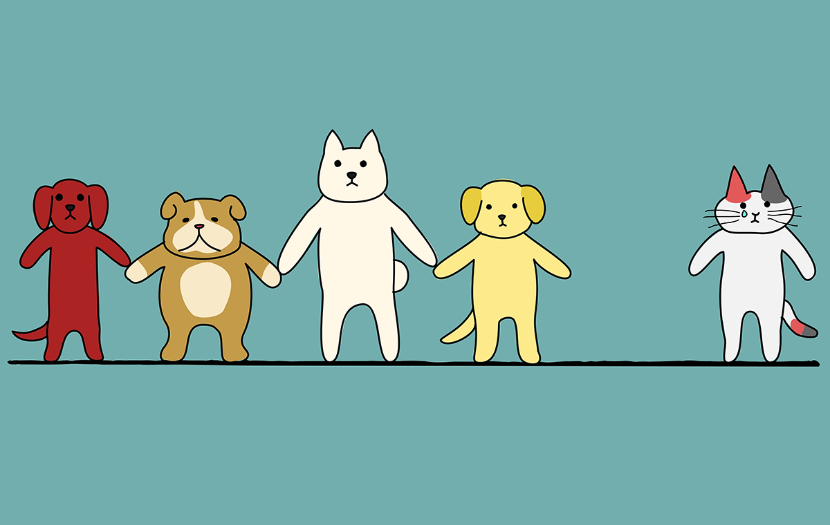 犬のグループと猫1っぴきで分かれている様子 イラスト