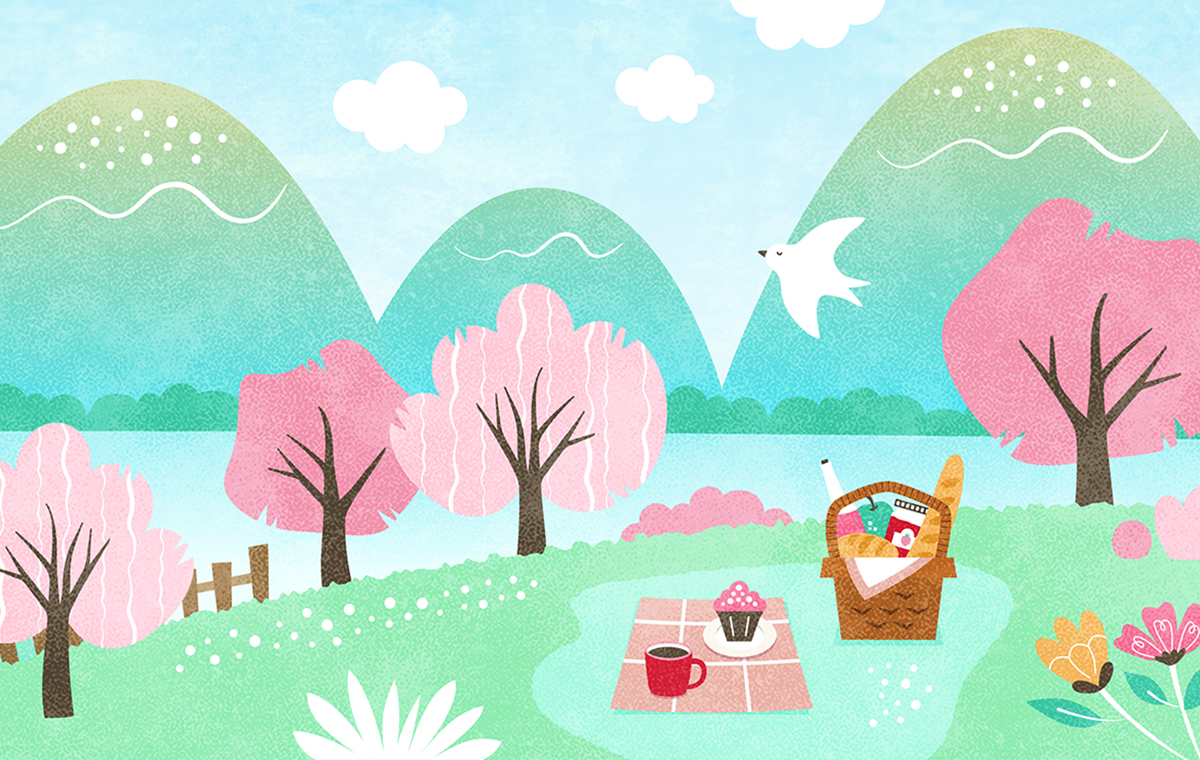 桜の咲く丘と川 イラスト