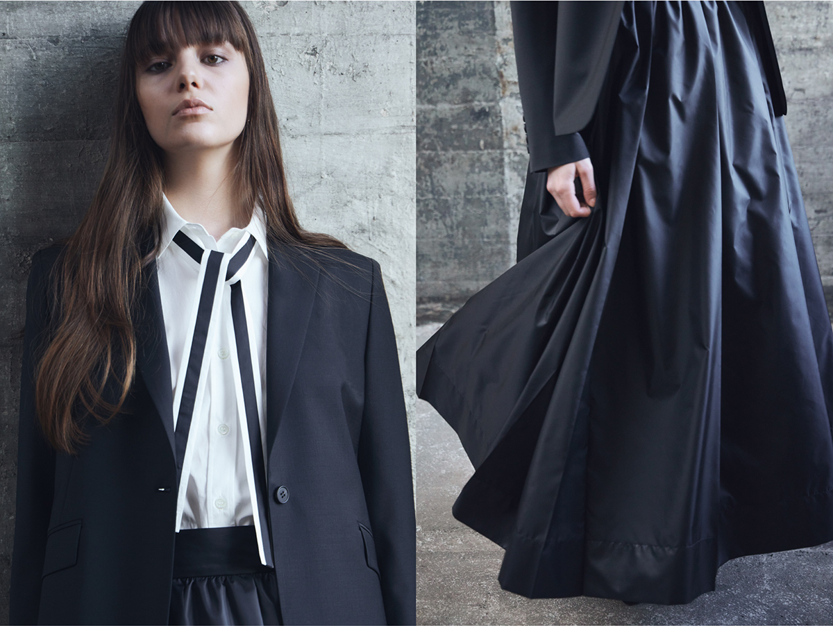 黒のジャケット×タフタスカートのコーデ　上半身と下半身写真の二面