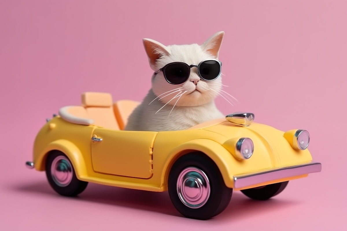 黄色いオープンカーのおもちゃに乗った猫の写真