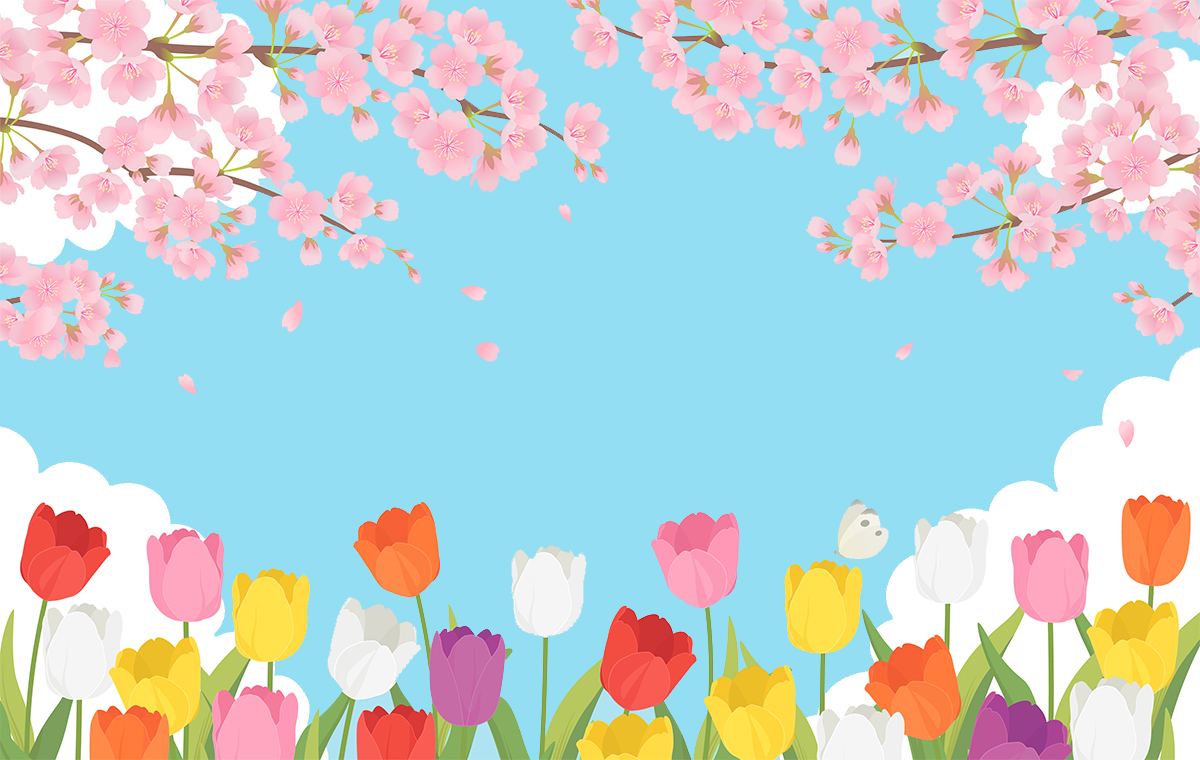 桜やチューリップの咲く春の景色 イラスト