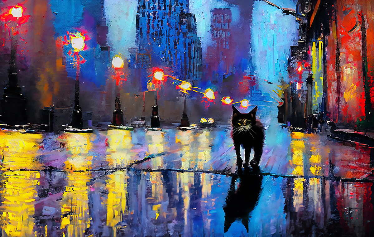雨の街を歩く猫