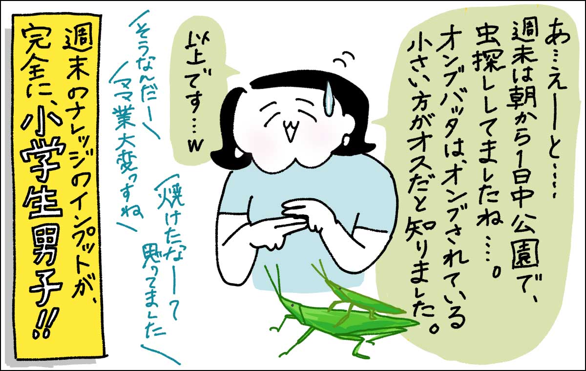 バッタのイラストと話す女性