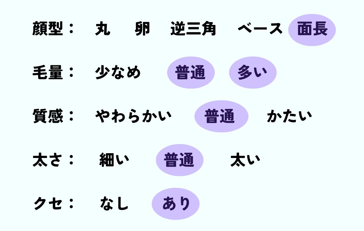 面長で髪が多くて髪質は普通
