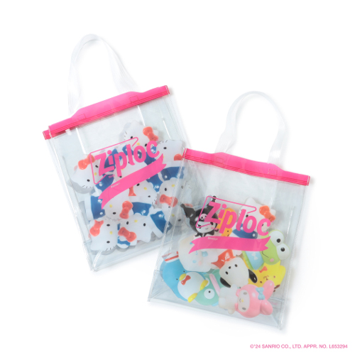 ▲Ziploc®Ribbon サンリオキャラクターズの袋詰めLOGO BAG￥6,380（tax in） color：HELLO KITTY、sanrio characters（ハローキティ、クロミ、KIRIMIちゃん.、シナモロール、ポチャッコ、けろけろけろっぴ、ポムポムプリン、タキシードサム、ハンギョドン、マイメロディ）