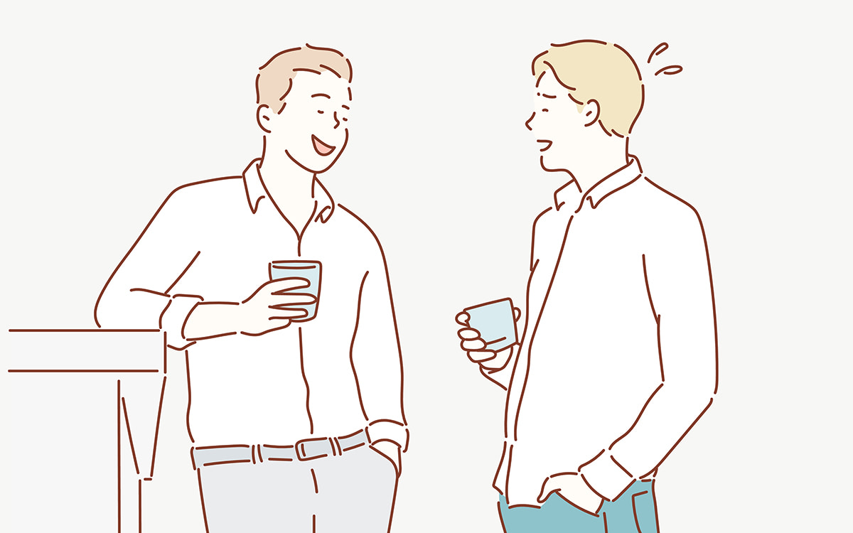 自慢げな笑顔の男性と、たじたじの男性が会話をしているイラスト