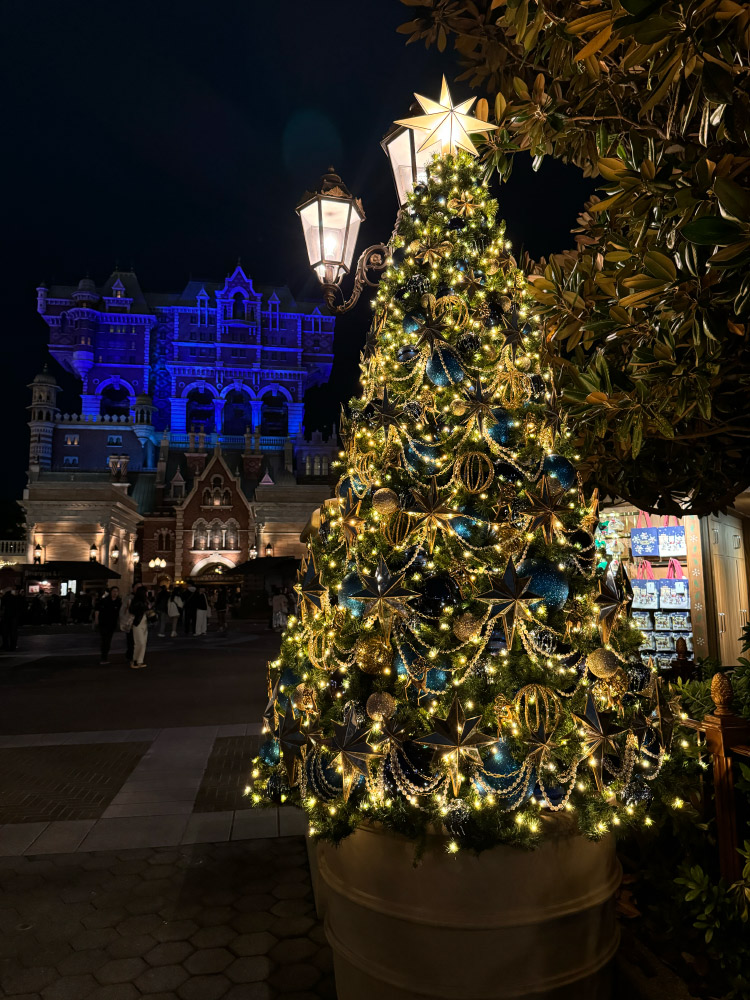 タワー・オブ・テラーを背景にしたクリスマスツリー