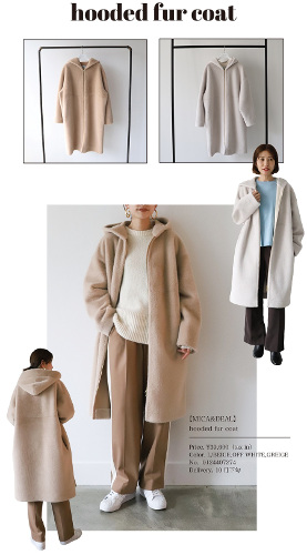 ▲フーデットファーコート￥39,600 カラー：OFF WHITE、L、BEIGE、GREIGE