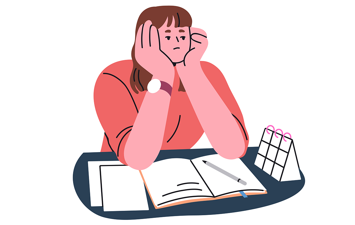 課題がなかなか進まない様子の女性