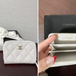 シャネルの財布とリボンでラッピングされた外箱の写真と財布の中身を撮影した写真を並べた画像