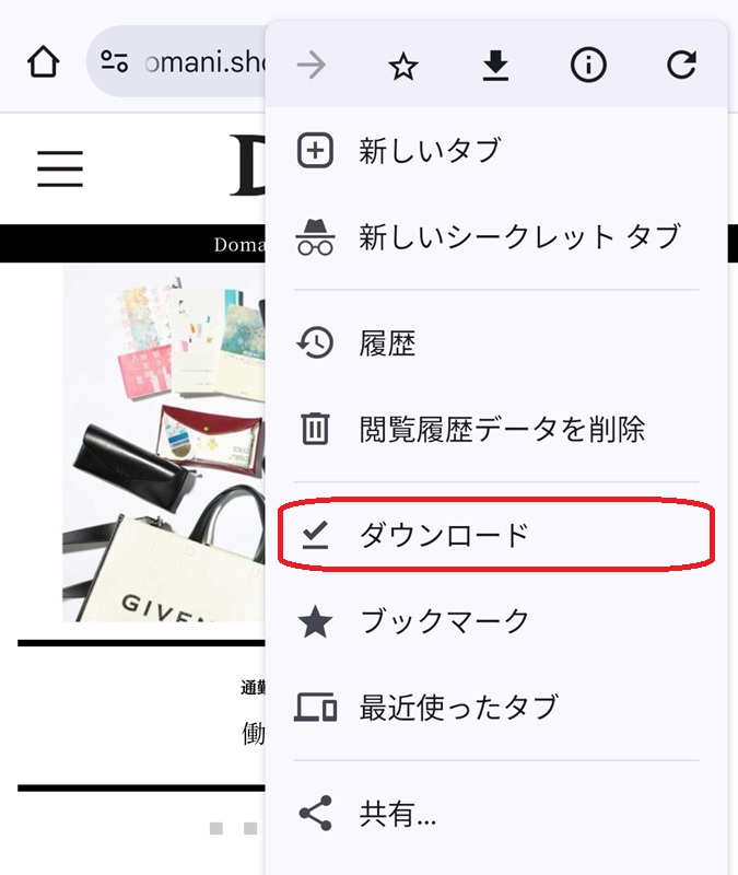ブラウザのダウンロードと書かれている場所を赤い四角で囲んだ写真