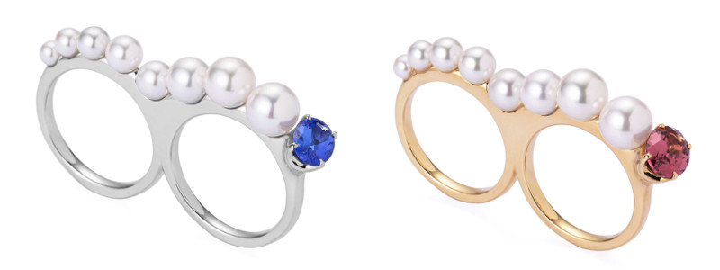 ▲リング（ダブルフィンガータイプ） （左から）￥660,000（PT900タンザナイト：1.07ct） ￥594,000（K18YGマラヤガーネット：1.64ct）