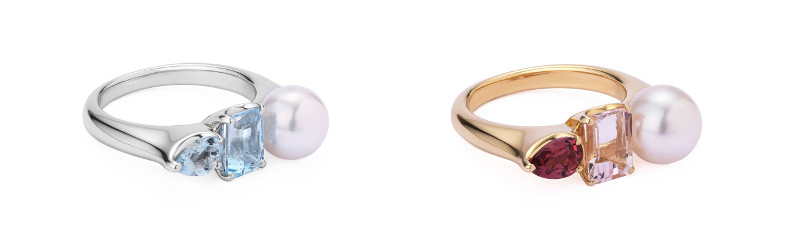 ▲リング（ストレートタイプ） （左から）￥287,000（K18WGアクアマリン：計約1.20ct） ￥248,000（K18YGモルガナイト：0.59ct、ダイヤモンド：0.10ct）