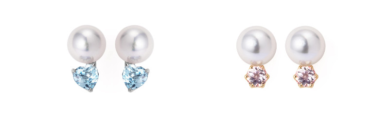 ▲ピアス（スタッドタイプ） （左から）￥173,000（K18WGアクアマリン：0.72ct/0.73ct） ￥130,000（K18YGモルガナイト：0.20ct/0.21ct）