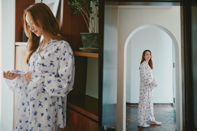 ▲【母の日】花柄サテンギャザーシャツ¥8,140 【母の日】花柄サテンロングパンツ¥7,920
