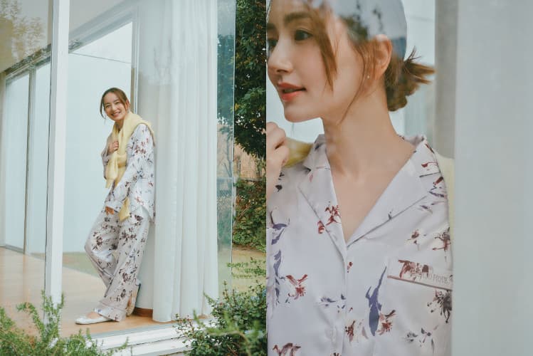▲【母の日】花柄サテンパイピングシャツ¥7,920 【母の日】花柄サテンパイピングロングパンツ ¥7,920