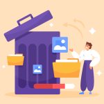 画像やフォルダを大きなゴミ箱に入れている人を描いたイラスト