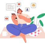 スマホでいろいろなアプリを操作する女性のイメージイラスト