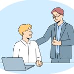 オフィスでノートパソコンで作業する人に、笑顔のビジネスマンが親指を立てて挨拶しているイラスト