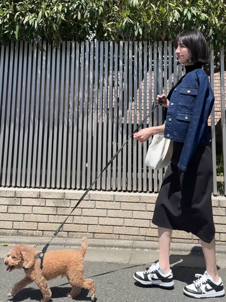 カスタムしたダンクLOWを履いて犬の散歩をしている飯島さんの写真