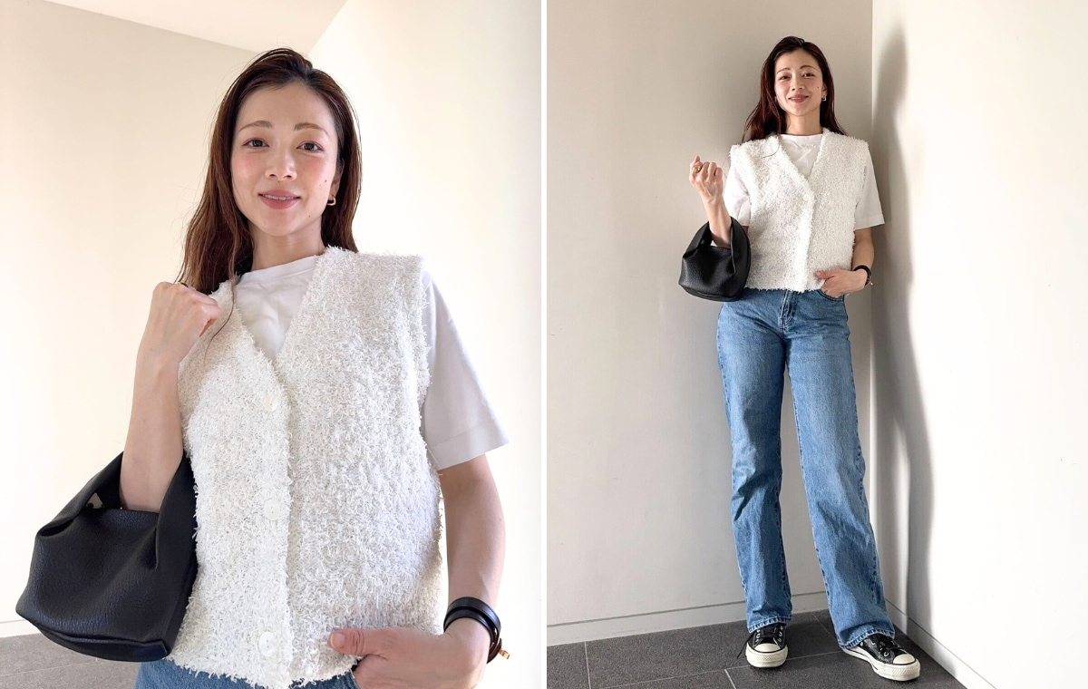 白Tシャツ×デニムパンツ×スニーカーコーデの写真