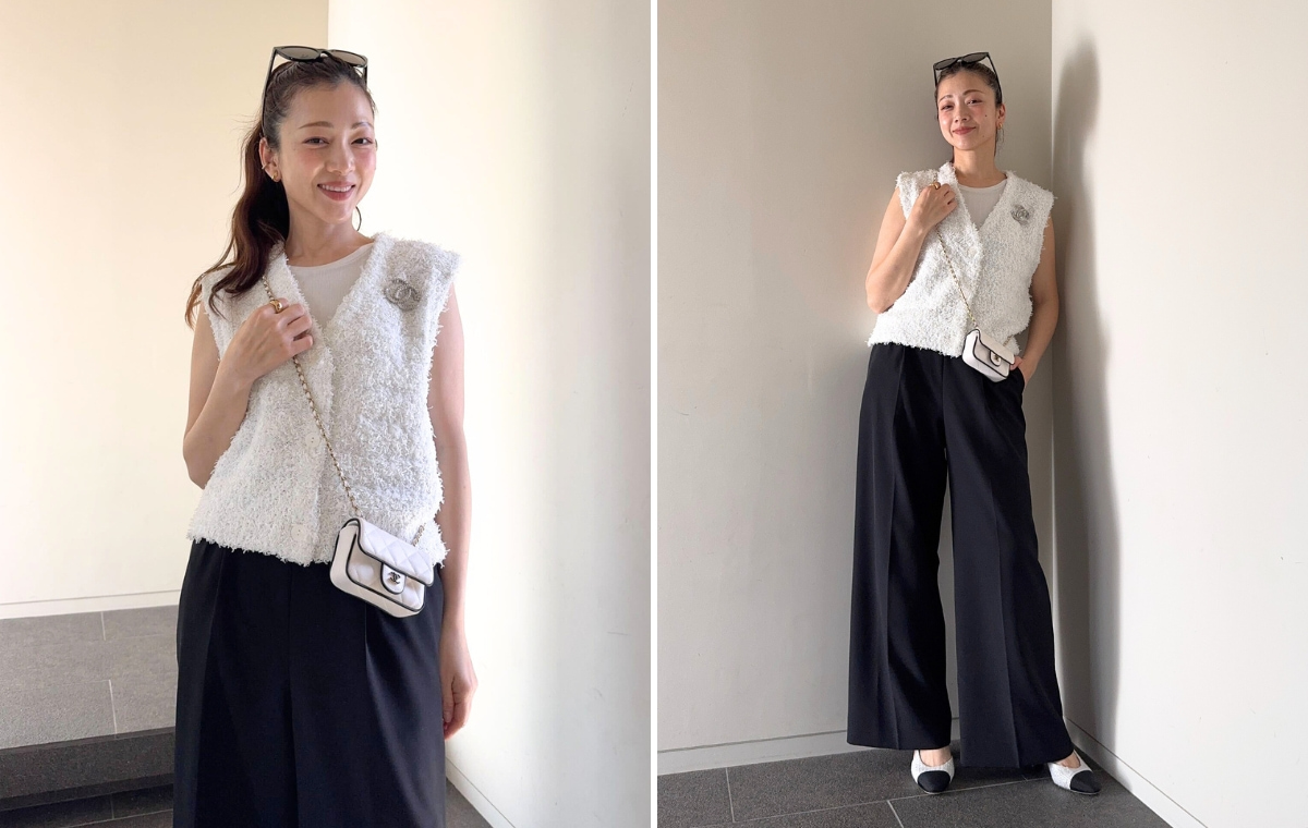 白ベスト×黒パンツ×サングラス×ミニバッグコーデの写真を2枚並べた画像