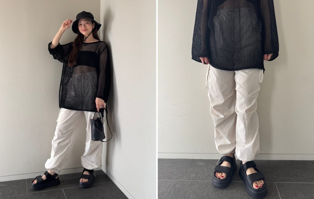 カジュアルコーデ①お友達と川でバーベキューコーデの白パンツスタイル